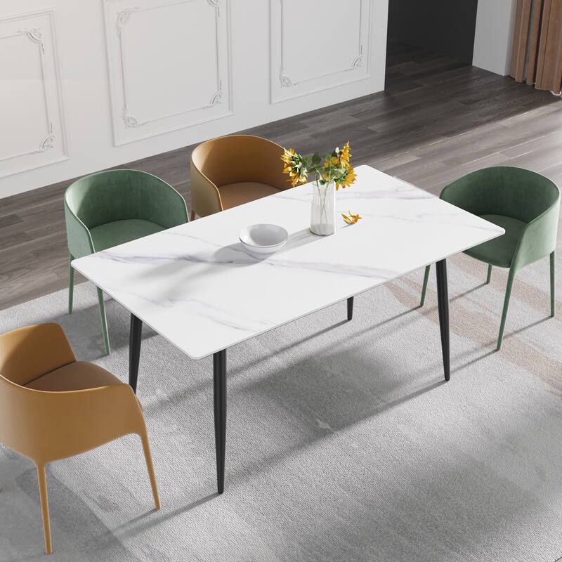 Rectangle Marble Dining Table Set for 6 With Metal Black Legs - White