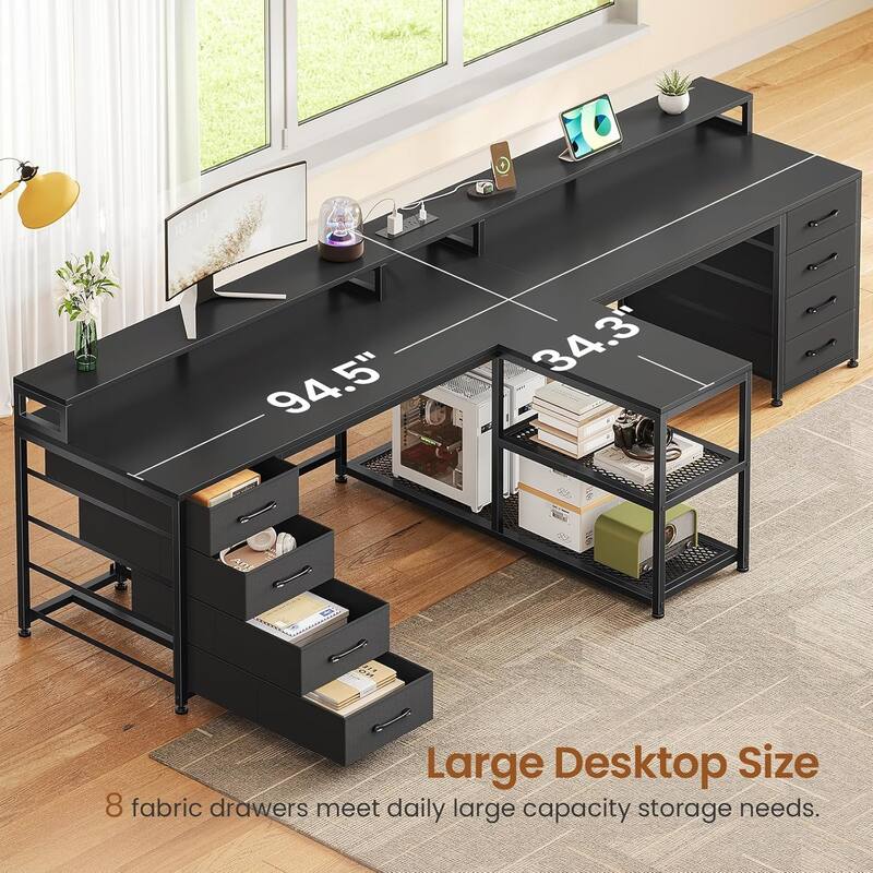 94.5" Two Person Desk with 8 Fabric Drawers Gaming Desk LED Lights