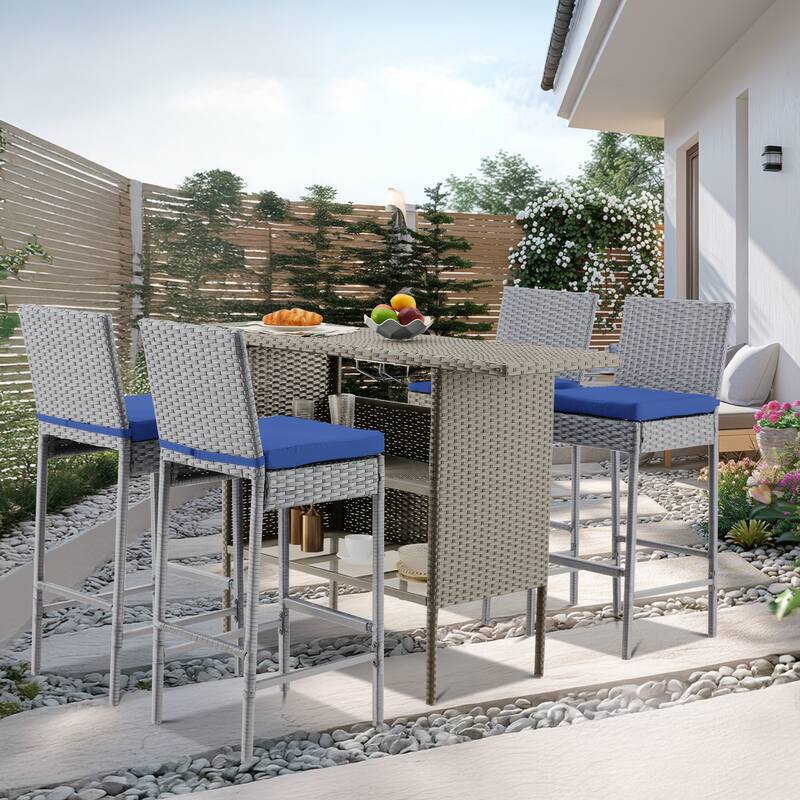 Outdoor Bar Set, Rattan Patio Bar Table & Bar Stools with Cushions, All-Weather 3/5-Piece Bar Height Table Set for Poolside