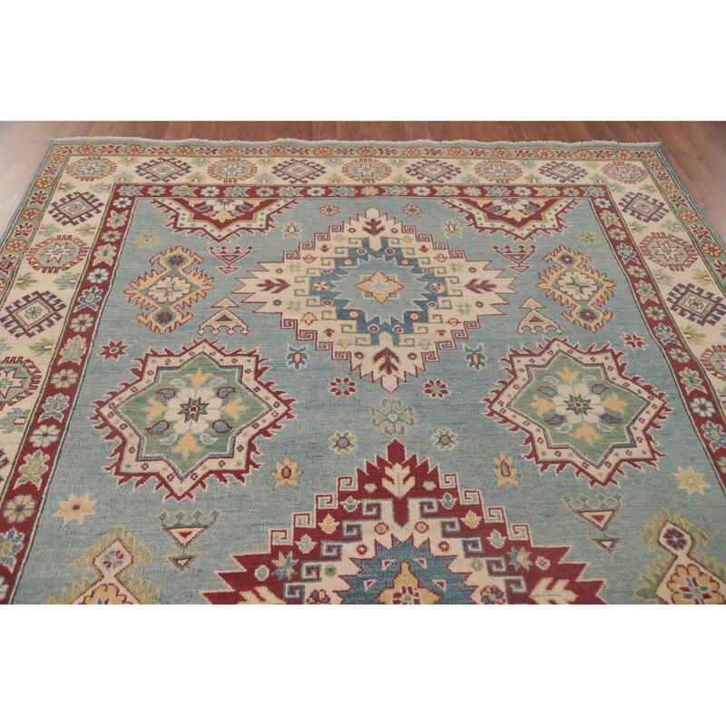 Light Blue Traditional Kazak Area Rug Hand-Knotted Wool Carpet - 6'10" x 10'0"