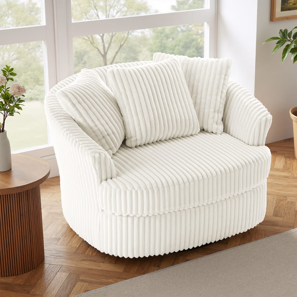 Oversized 43" W Plush Corduroy Swivel Barrel Chair with Pillows