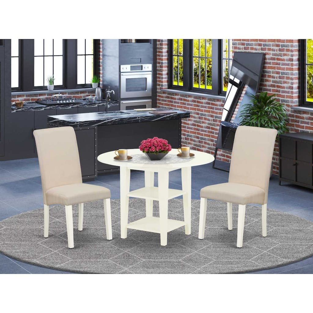 HomeStock 3-Piece Linen White Finish Round Solid Wood Top With Dropleaf Dining Table Set