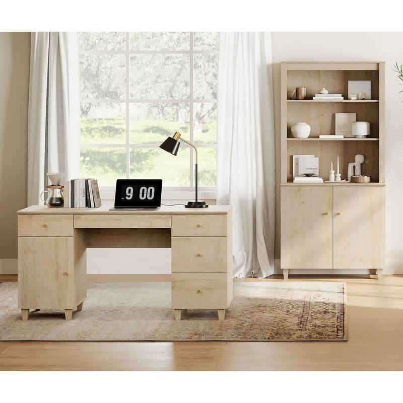 WAMPAT Home Office Furniture Set, 58" Executive Desk with Cabinet, 71" Tall Bookcase with Doors and Adjustable Shelves
