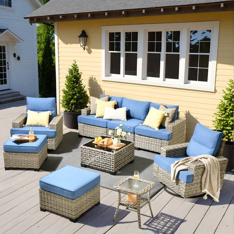 OVIOS 9 Pieces T shaped Seat Wide Armrest Swivel Chair Set With Solar-Powered Coffee Table