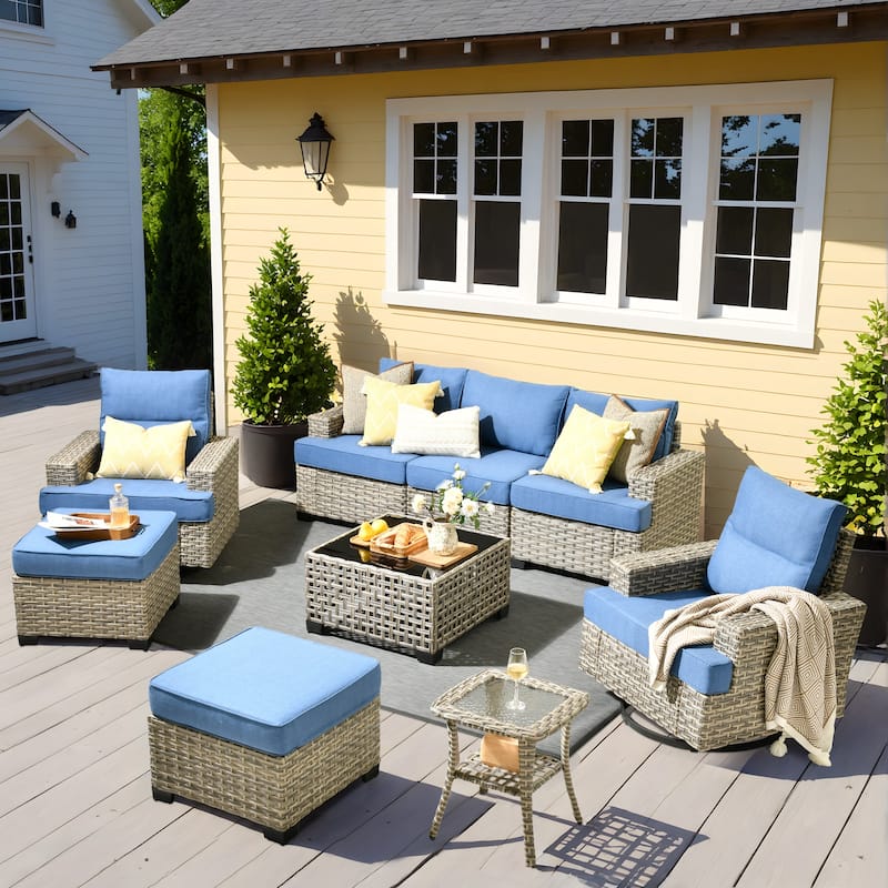OVIOS 9 Pieces Wide Arm T shaped Seat Curved Swivel Chair Set With Solar-Powered Table