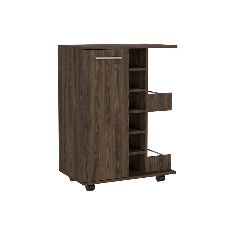 Bar Cart, Four Casters, Six Wine Cubbies, Single Door Cabinet - Brown