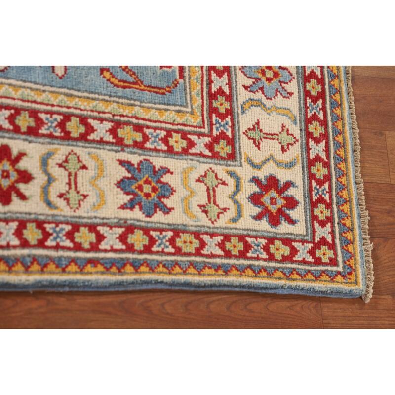 Light Blue Kazak Accent Rug Hand-Knotted Geometric Wool Carpet - 3'4"x 4'11"