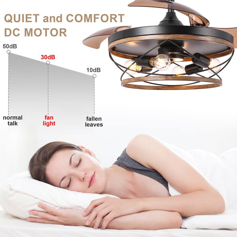 Bella Depot 42" Rustic Retractable Wood Ceiling Fan with Light and Remote 6-Speed Reversible Fan