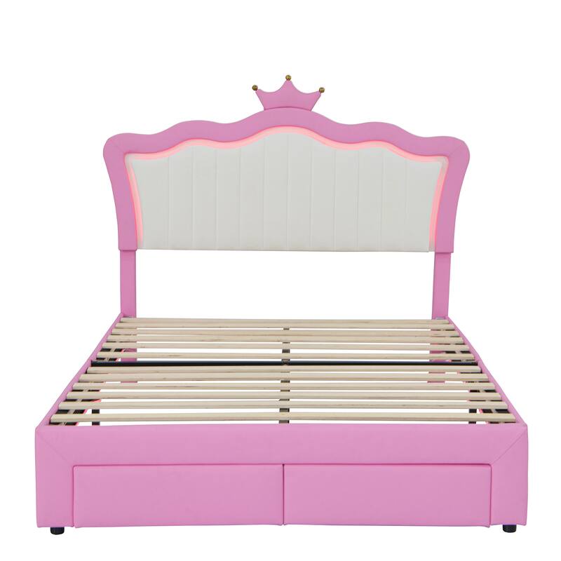 Full Size Upholstered Bed Frame with LED Lights, Crown Headboard, 2 Drawers, Pink+White