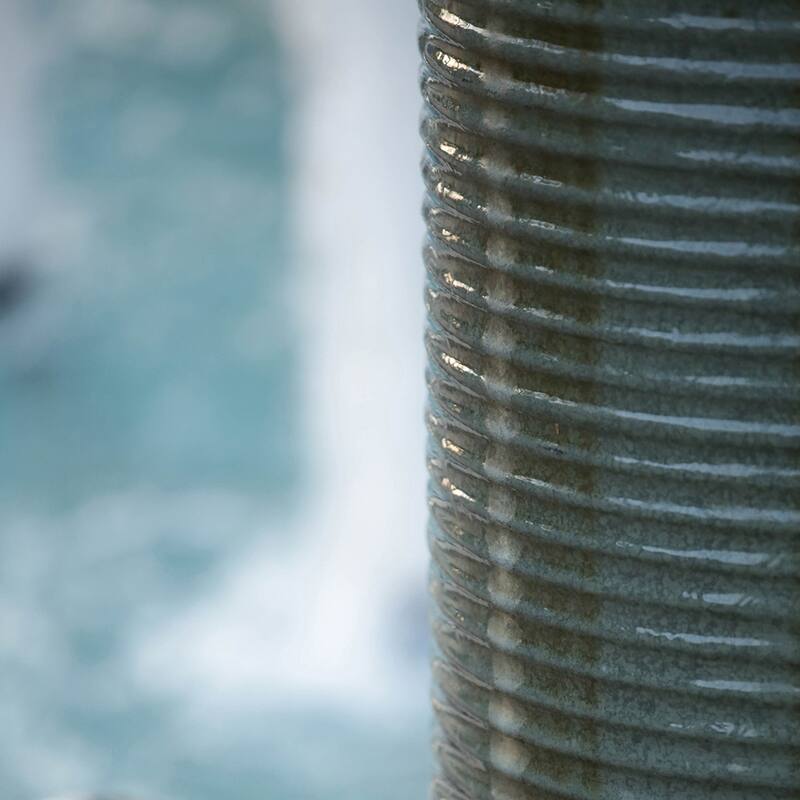 19.5x19.5x43.5" Large Concrete Cylinder Green & Brown Ribbed Water Fountain, Outdoor Bird Feeder / Bath Fountain