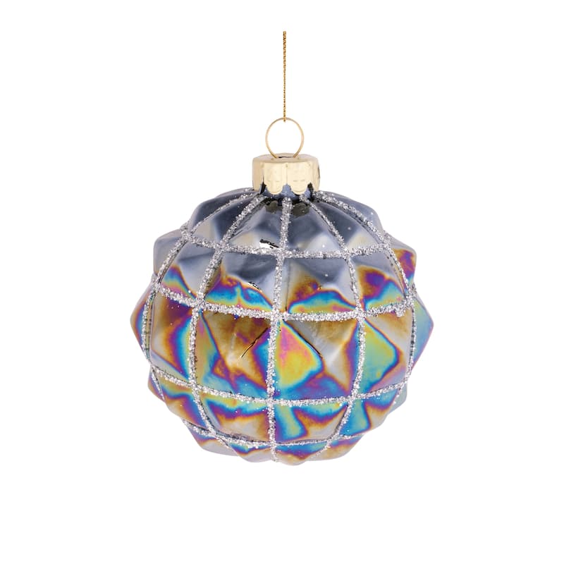 Iridescent Glass Textured Ball Ornaments Set of 6 Glitter Accents - 4” x 4” x 4” (L x W x H)