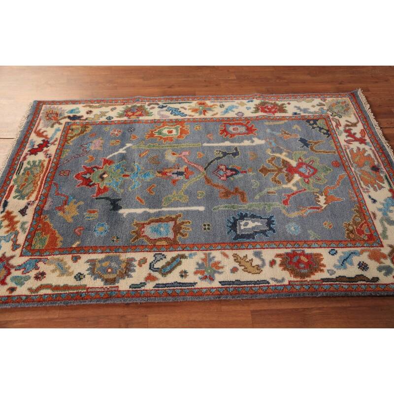 Blue Oushak Oriental Rug Transitional Handmade Wool Carpet - 4'1"x 5'11"