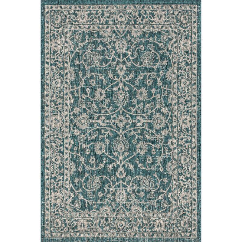 JONATHAN Y Palazzo Vine and Border Textured Weave Indoor/Outdoor Area Rug - 9 X 12 - Teal/Grey