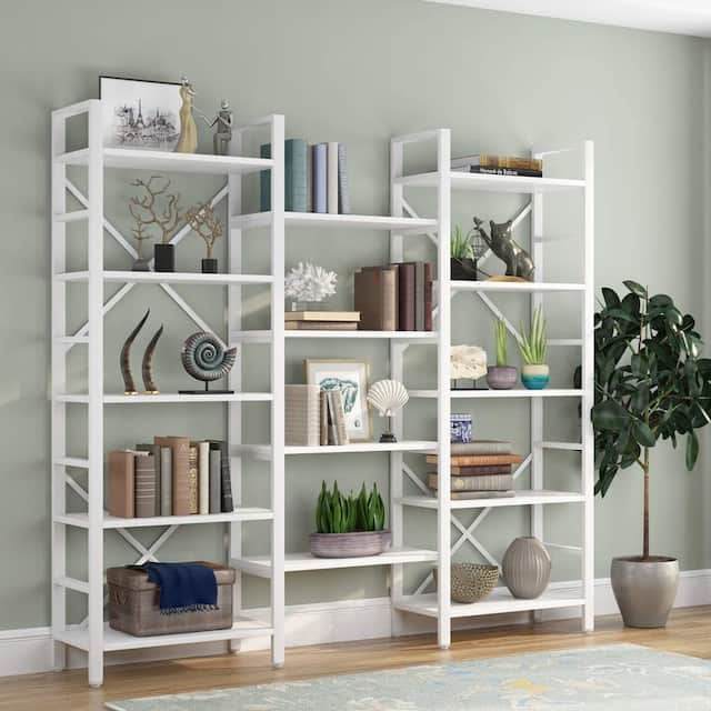Large Triple Wide 5-Shelf Etagere Bookcase - White-70"