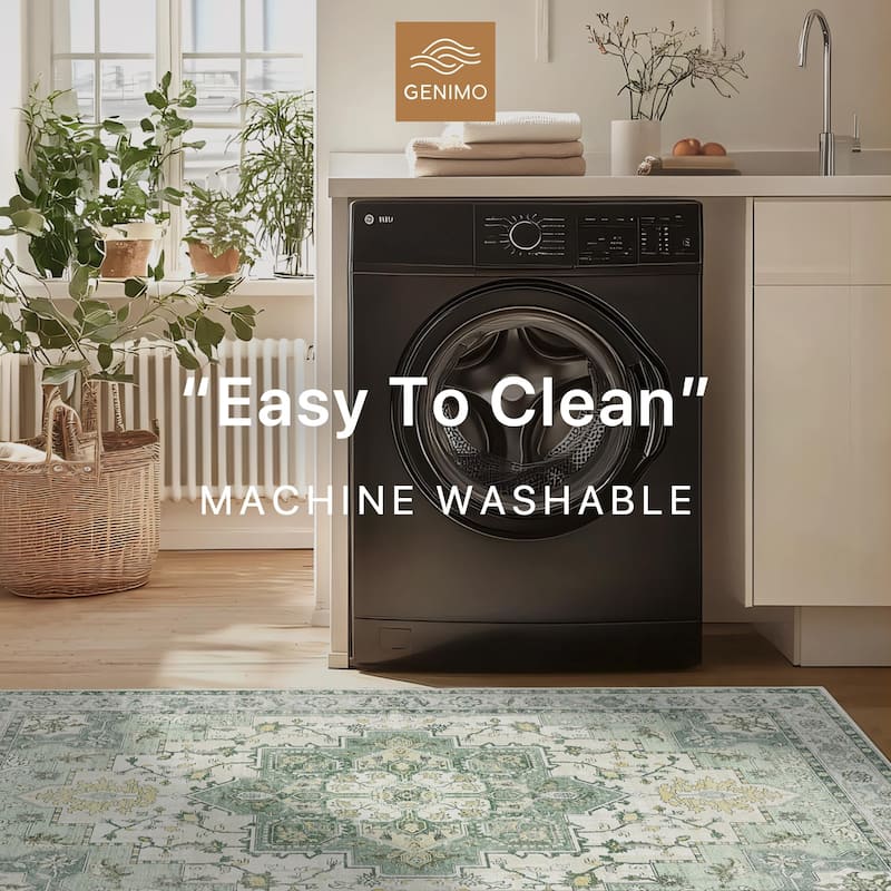 Mcow Green Floral Faded Low Pile Machine Washable Non-Slip Area Rug