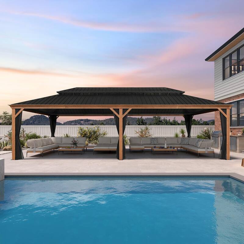 PURPLE LEAF Hardtop Gazebo Galvanized Steel Roof Gazebo Pergola w Wooden Coated Alumninum Frame and Mosquito Net - 14ft x 28ft - Wood Grain