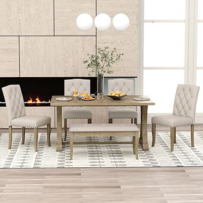 6-Piece Farmhouse Dining Table Set, Rectangular Trestle Table and 4 Upholstered Chairs & Bench
