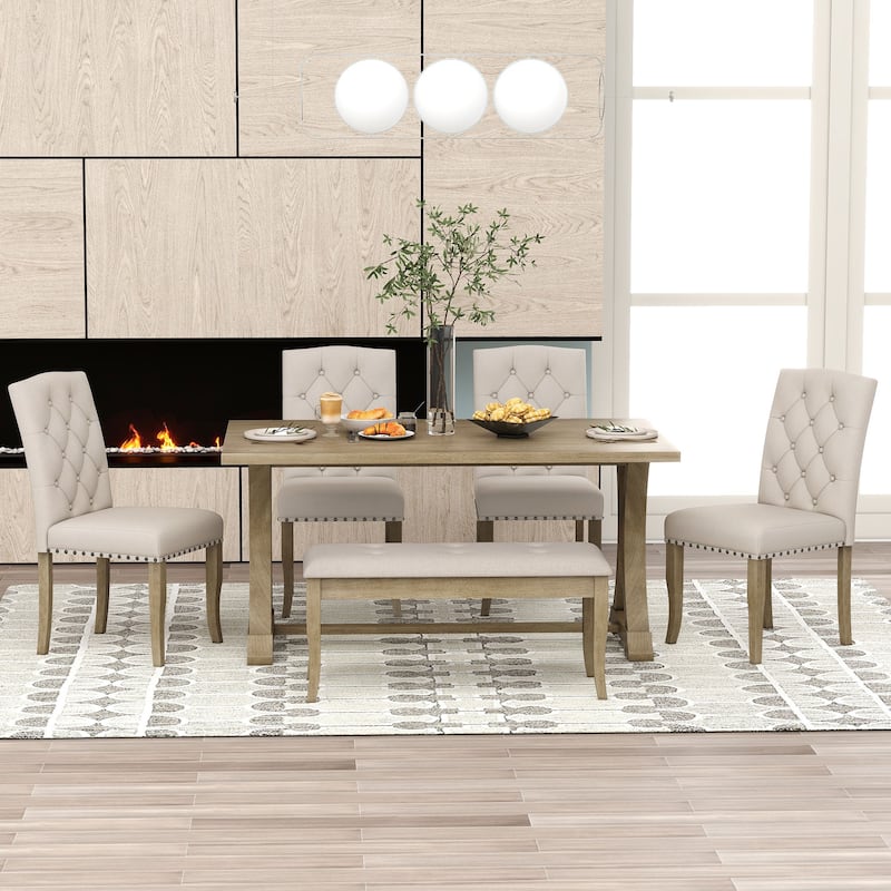 Rustic 6Piece Farmhouse Dining Table Set with Trestle Table and