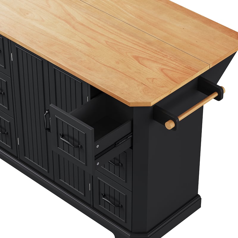 56 inch Kitchen Island with Rubber Wood Veneer Drop Leaf, Power Outlet, 4 Door Shelves, Rolling cart on 4 Wheels with 6 Drawers