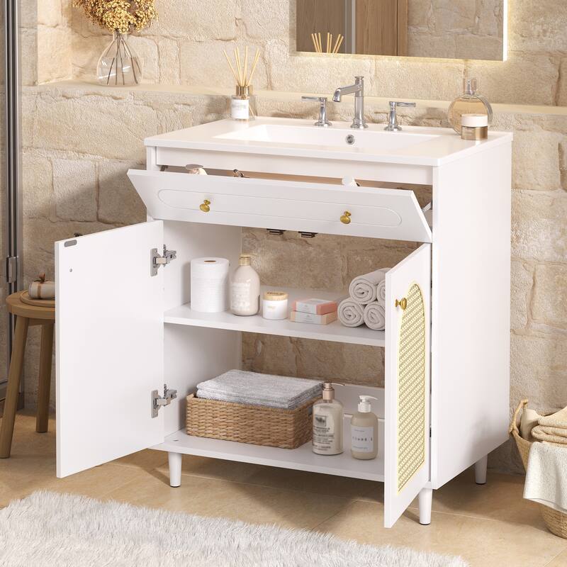 Woven Rattan Bathroom Vanity / Single Ceramic Sink Bathroom Cabinet