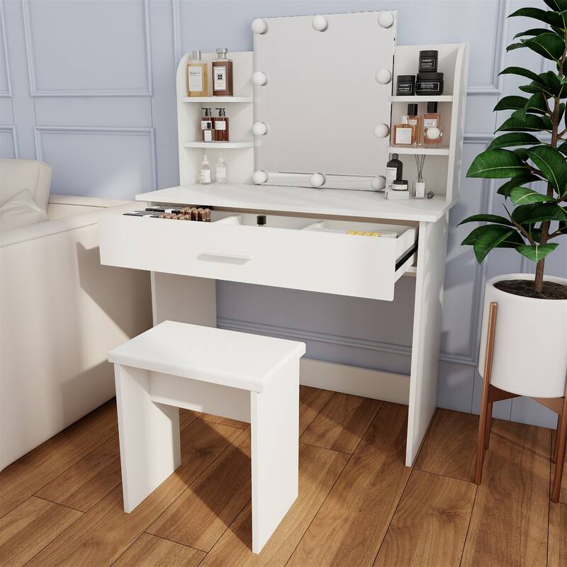 Modern Wood Vanity Table with Mirror,Drwer and Seat