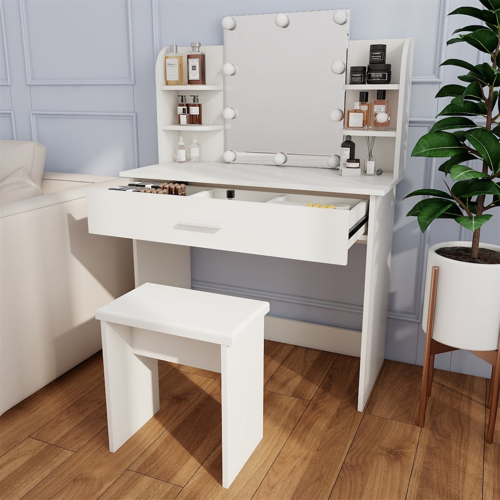 Modern Wood Vanity Table with Mirror,Drwer and Seat