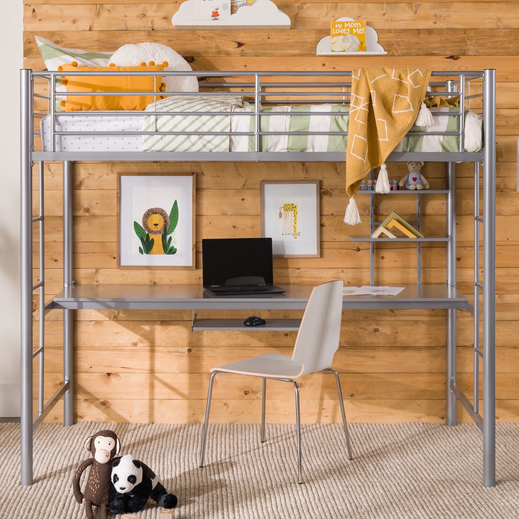 Walker Edison Abner Twin Metal Loft Bed with Desk - Silver