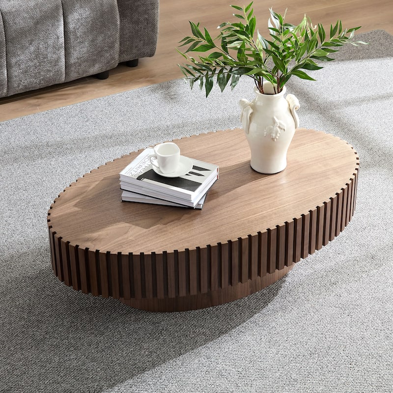 Handcraft Coffee Table Dining Table with Wood Relief, Oval End Table Accent Table with Sturdy Pedestal