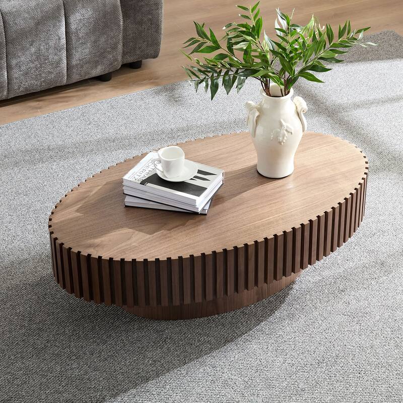 Oval Compact Low Coffee Table Handcraft Drum Small Center Table with Side Fluted Design and Wood Grain for Living Room Office