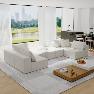 Beige 132" Modular L-Shaped 6 Seater Sectional Sofa Set with 6 Pillows and Ottoman, Customizable Design for Living Room