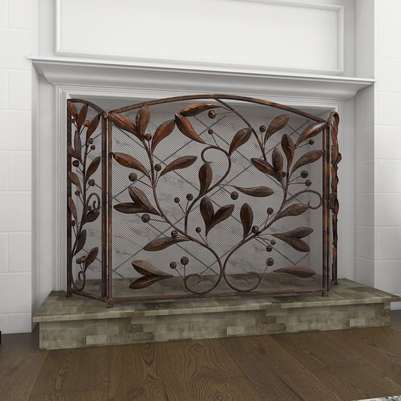 Brown Iron Eclectic Wood Fireplace Screen Floral 30 x 45