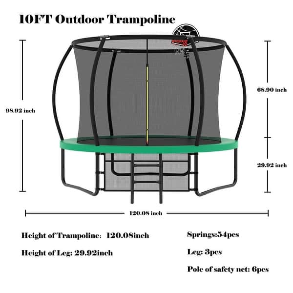 dimension image slide 0 of 2, 10 ft. Round Outdoor Trampoline with Basketball Hoop, Enclosure Net and Ladder