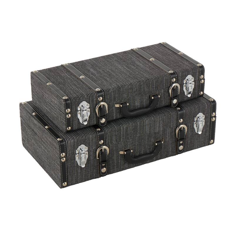 Fabric Woven Storage Decorative Trunk with Silver Latches and Buckles - Set of 2 Black - Roche River Decor - 12"W x 21"L x 7"H