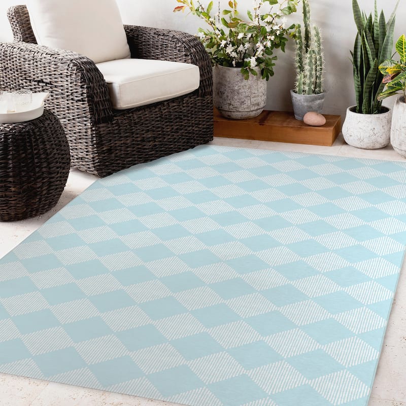 BLOCK PRINT CHECK BOARD IN LT BLUE Outdoor Rug By Becky Bailey - Bed ...