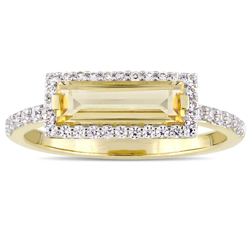 Miadora Yellow Gold Plated Sterling Silver Baguette Citrine and White Sapphire Halo Bar Ring