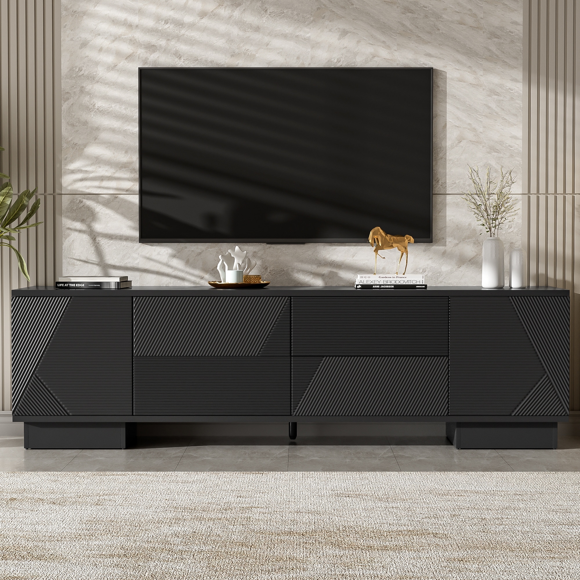 70.8" TV Stand for TVs up to 75 Inches, Minimalist Media TV Console Table with Storage Cabinets, 4 Drawers and a Center Leg