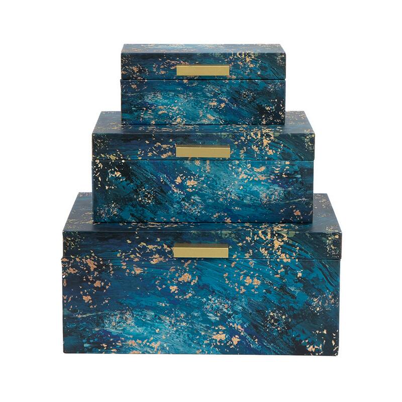 Set of 3 Decorative Rectangular Storage Boxes, Gold Handles, Blue Design