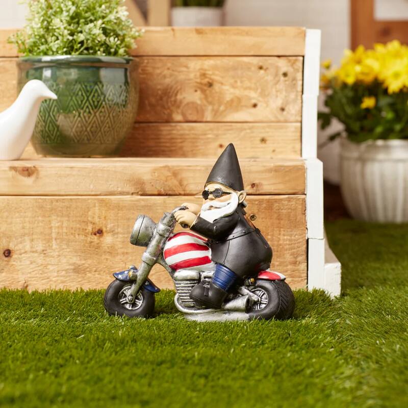 Biker Gnome Solar Powered Outdoor Statue - 8" - Black and Silver