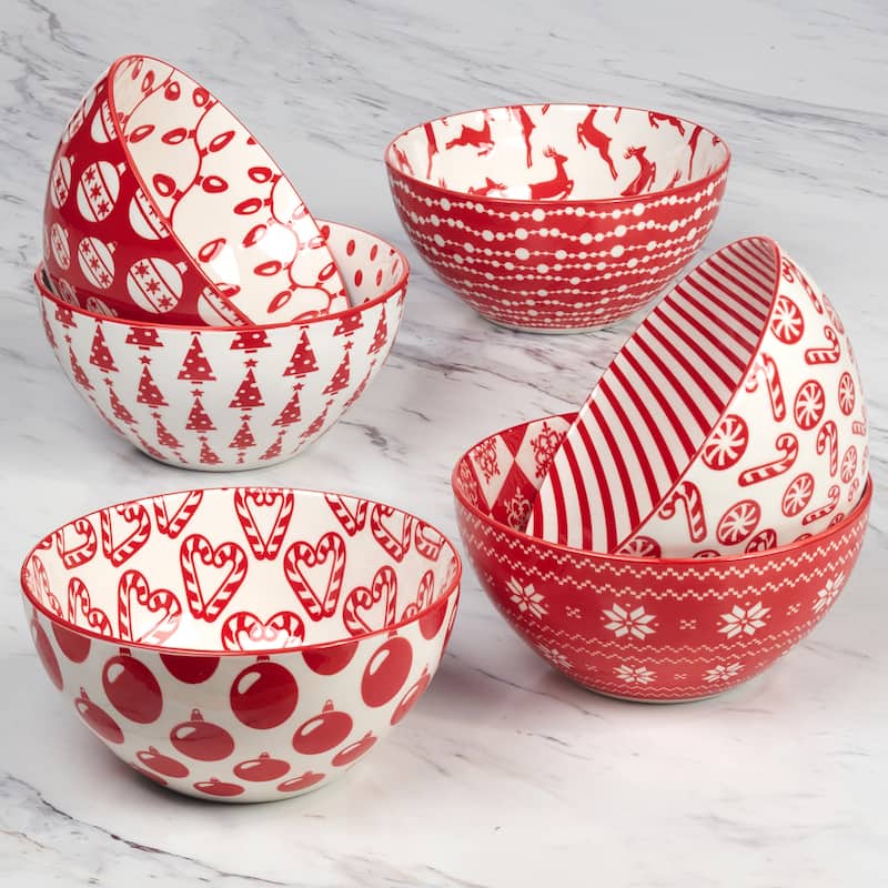 Certified International Peppermint Candy 30 oz. All Purpose Bowls, Set of 6 Assorted Designs - 30 oz.