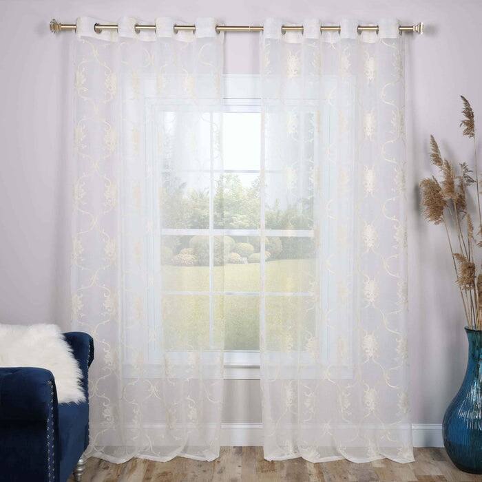 Superior Embroidered Elegant Scroll Sheer Grommet Curtain Panel - (Set of 2)