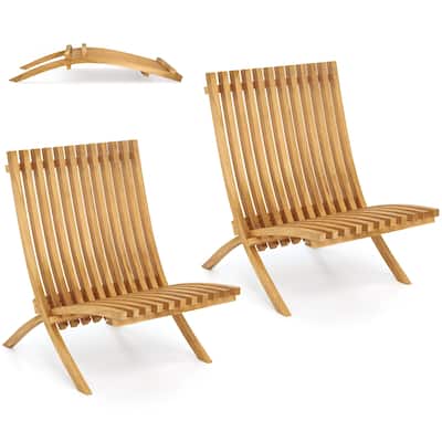 Gymax 2 PCS Folding Patio Chair Teak Wood Outdoor Lounge Chair w/