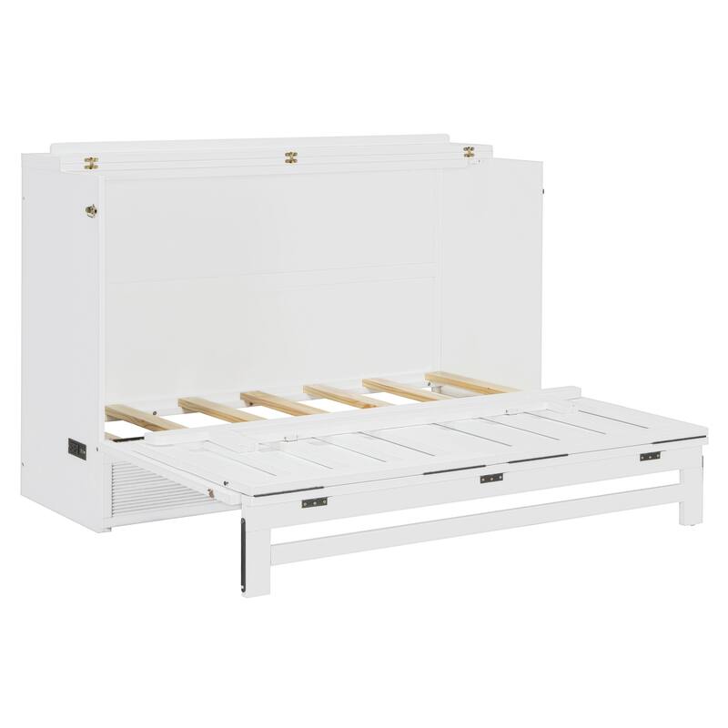 Queen Size Murphy Bed with Large Storage Drawer, USB Ports, and Outlets - Gray, Space-Saving Design