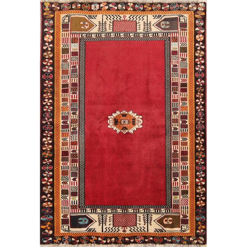 Hand Knotted Oriental 100% Wool Carpet Traditional Tribal Red Shiraz Area Rug - 5' 11'' X 4' 1''