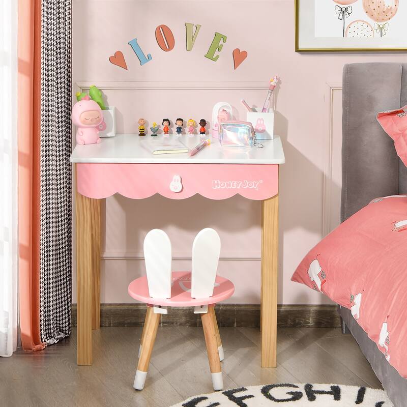 Costway Kids Vanity Set Rabbit Makeup Dressing Table Chair Set W/ - See Details