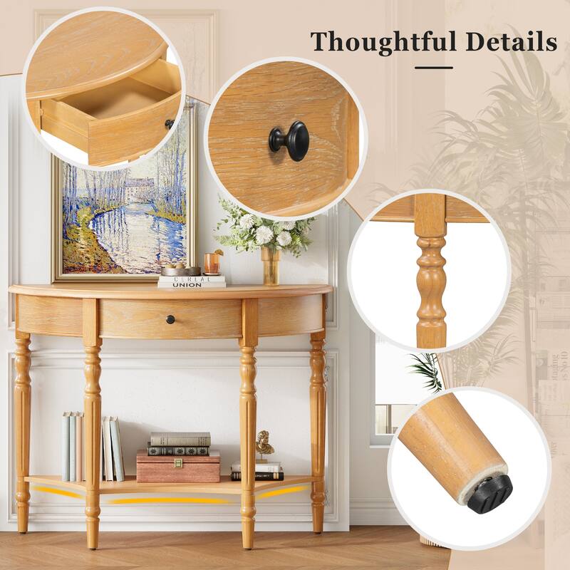 39" Farmhouse Half Moon Console Table with 1 Drawer and Shelf