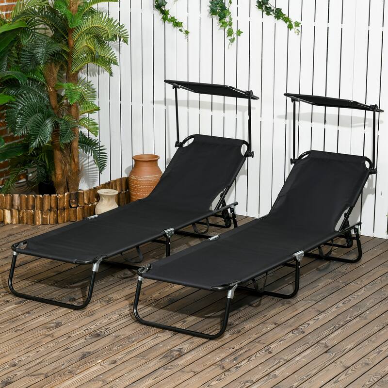 Outsunny Folding Chaise Lounge Pool Chairs, Set of 2 Outdoor Sun Tanning Chairs with Sunshade Face Guard - Black