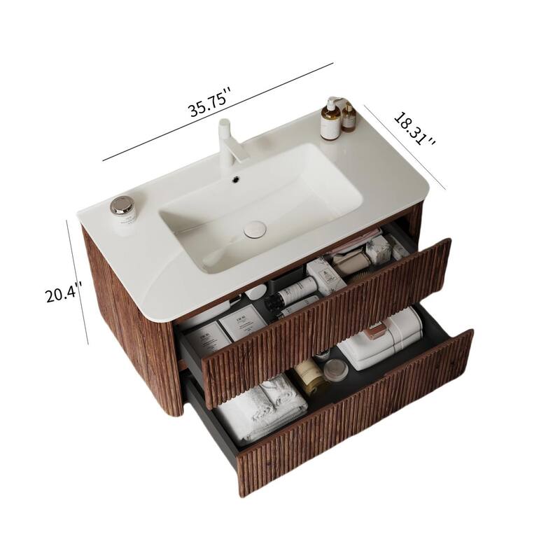 Wall-Mounted Bathroom Vanity Set in White + Deep Walnut with Integrated Ceramic Sink