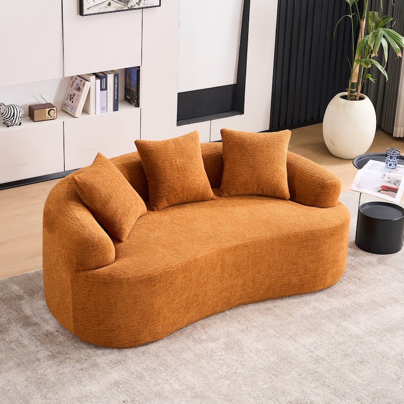 Chenille Curved Loveseat Sofa, Full Compression Sponge Sofa with 3 Pillow - Orange
