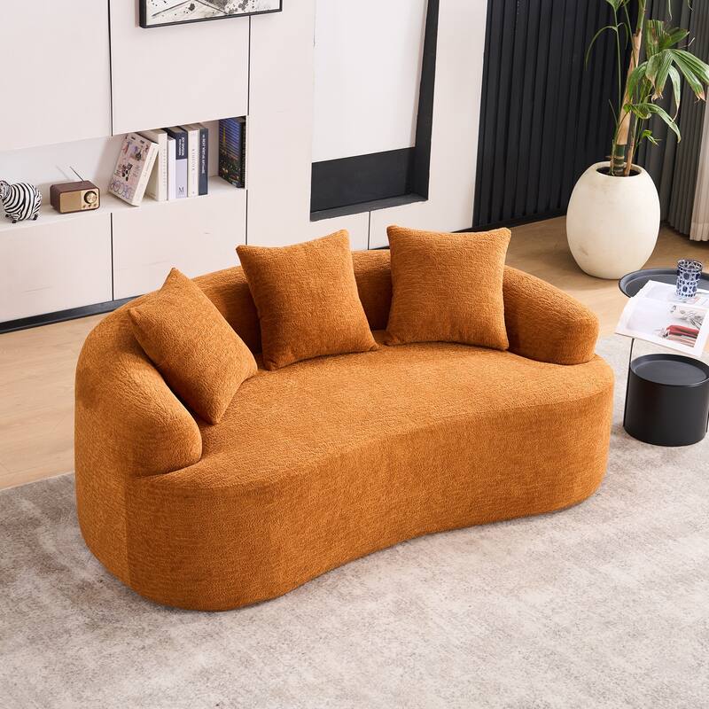Curved Loveseat Orange Sofa, 30D Chenille, Compact for Small Spaces, 65"L, 300 lbs, 3 Pillows - Multi-Color