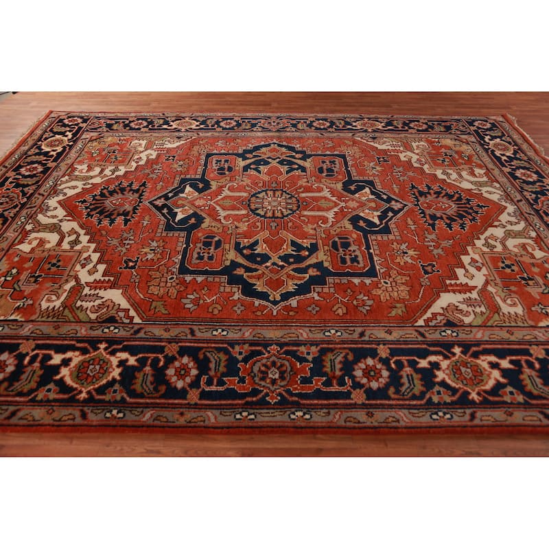 Orange Medallion Heriz Serapi Indian Area Rug Handmade Wool Carpet - 9'0"x 11'9"